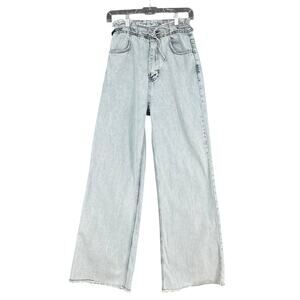 ELITE PINK Light Wash Paperbag Waist Drawstring Frayed Hem Wide Leg Jean Size 29